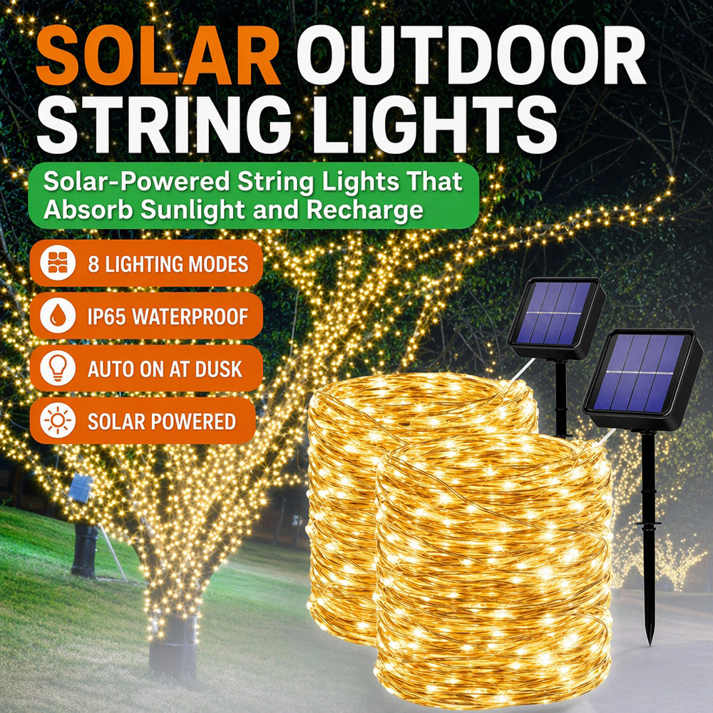 VIVREAL Lot de 2 guirlandes lumineuses solaires à fil de cuivre pour extérieur, 49 pi, 75 LED blanc chaud, 8 modes, étanches – Modèle IL-CSL-BB01, promotion du Nouvel An, meilleures idées cadeaux
