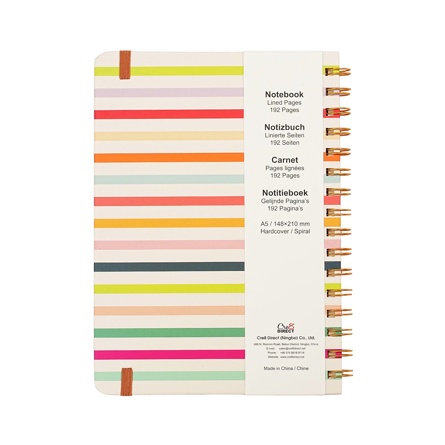 Jubiluu Carnet ligné A5 à spirale et couverture rigide - 96 feuilles (papier offset 100 g), avec élastique - Journal ligné crème classique pour écriture, école, bureau et cadeaux - Rayures arc-en-ciel