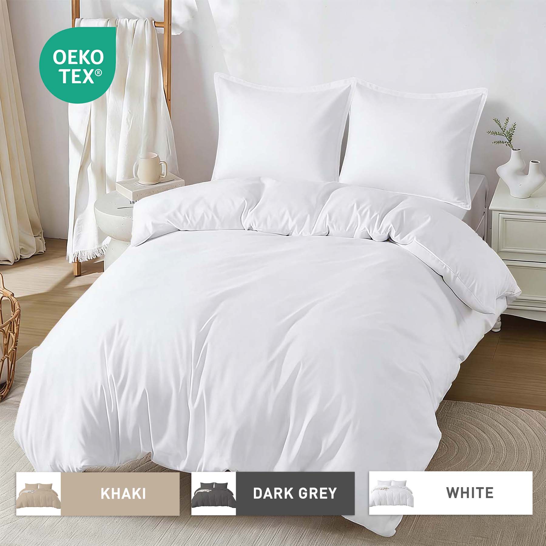 LEBONSOIR Parure de lit avec housse de couette blanche, 240 x 220 cm / 65 x 65 cm x 2, Respirante, Durable, Douce, Confortable, Avec fermeture éclair, 3 pièces