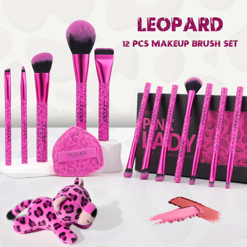 Docolor Coffret Cadeau 12 Pièces Pinceaux de Maquillage Imprimé Léopard Fuchsia