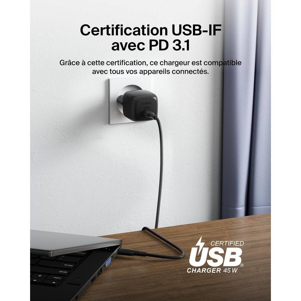 Belkin BoostCharge 45 W Chargeur Compact avec Câble de Charge Rapide USB-C vers USB-C (Prend en Charge iPhone 16/15/14, Galaxy S25/S24, Pixel 9, iPad, AirPods, etc., Noir)
