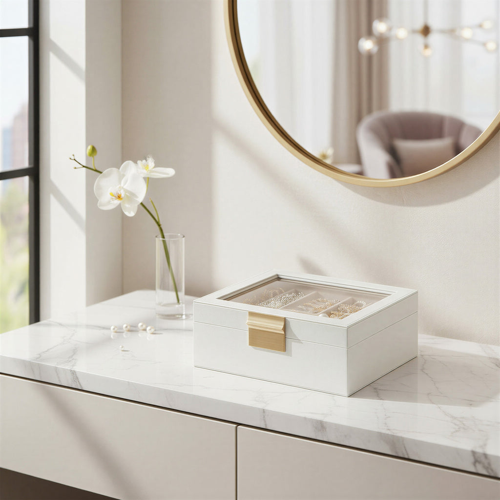 JOYFURNOS Boîte à Bijoux avec Couvercle en Verre, Organiseur à Bijoux 2 Niveaux avec Plateau Amovible, Rangement pour Bijoux, Style Moderne, Cadeau pour Vos Proches, Blanc Nuage et Or Métallique