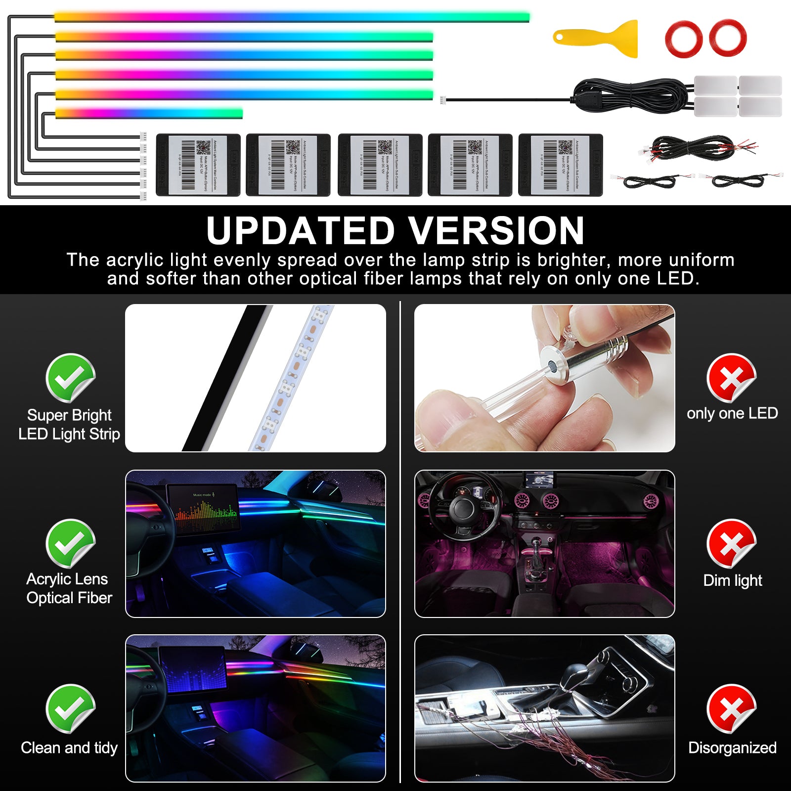 Dream+color Kit d’éclairage LED sans fil pour intérieur de voiture en acrylique, RGB 10-en-1 - 444,5 cm