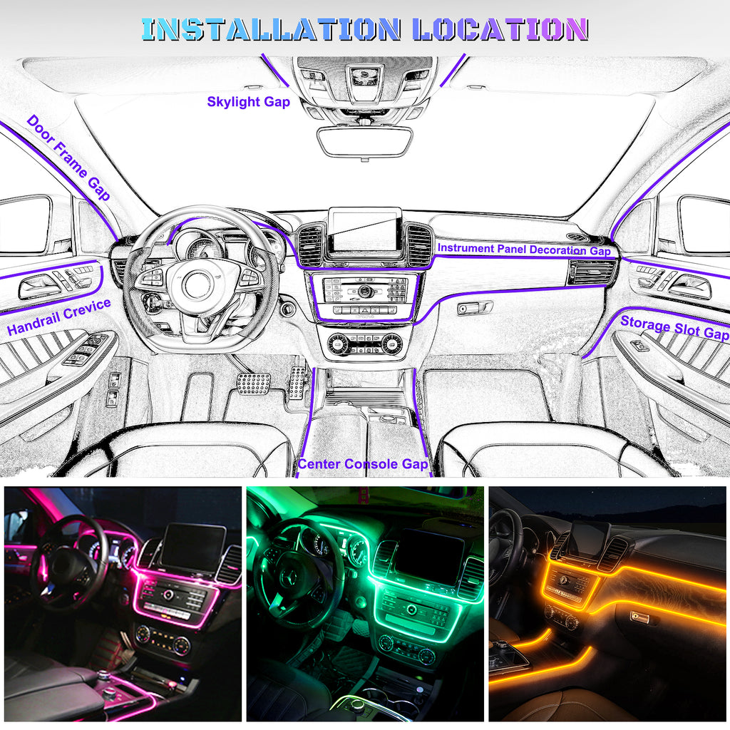 Bande lumineuse LED d’intérieur de voiture en acrylique, prise en charge du contrôle sans fil via application, RGB couleurs féeriques cinq-en-un