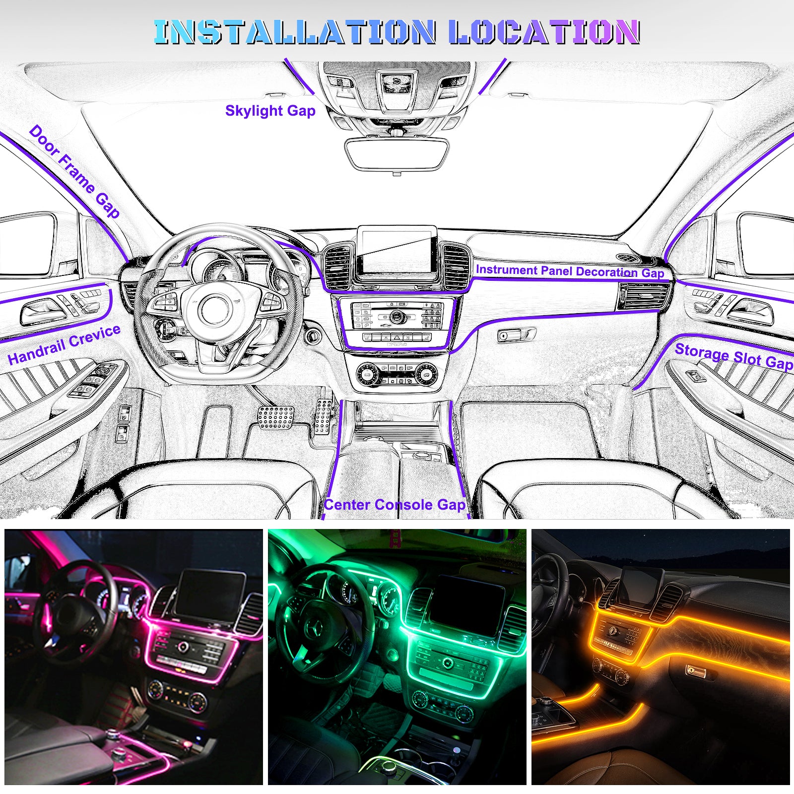 Bande lumineuse LED d’intérieur de voiture en acrylique, prise en charge du contrôle sans fil via application, RGB couleurs féeriques cinq-en-un