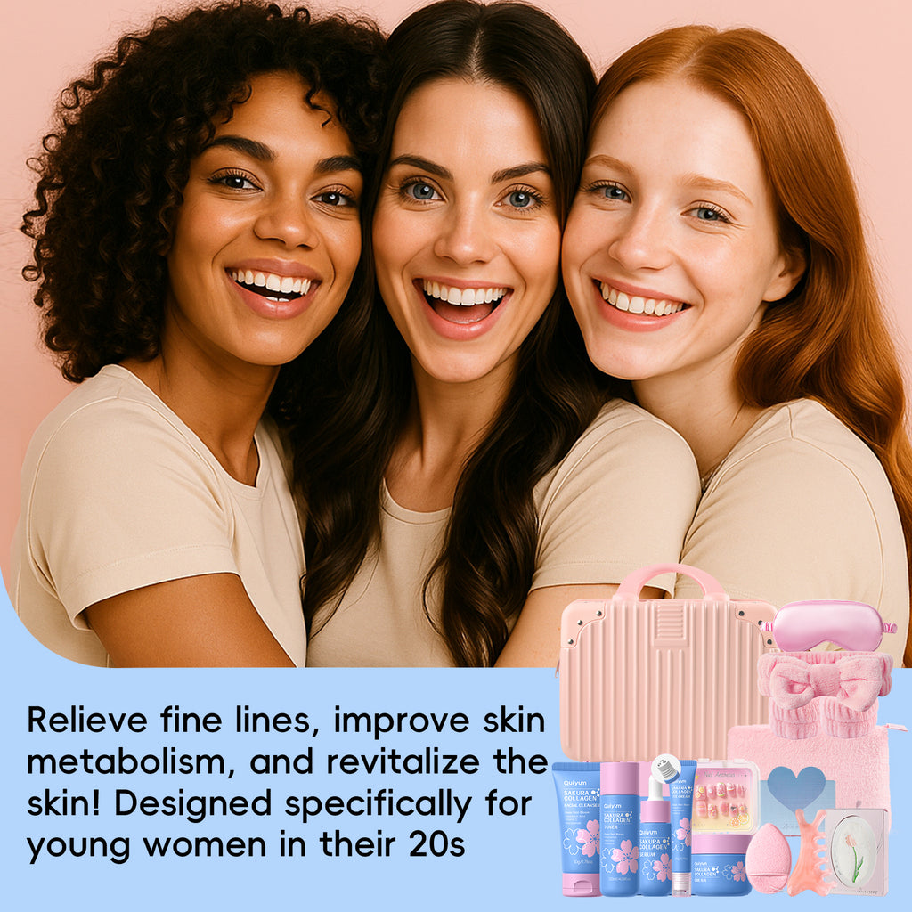 Quiyum Coffret de soins Sakura au collagène (13 pièces) : Nettoyant 50 g, Lotion tonique 120 ml, Sérum 30 ml, Crème contour des yeux 20 g, Crème 50 g, Stickers pour ongles, Bandeau