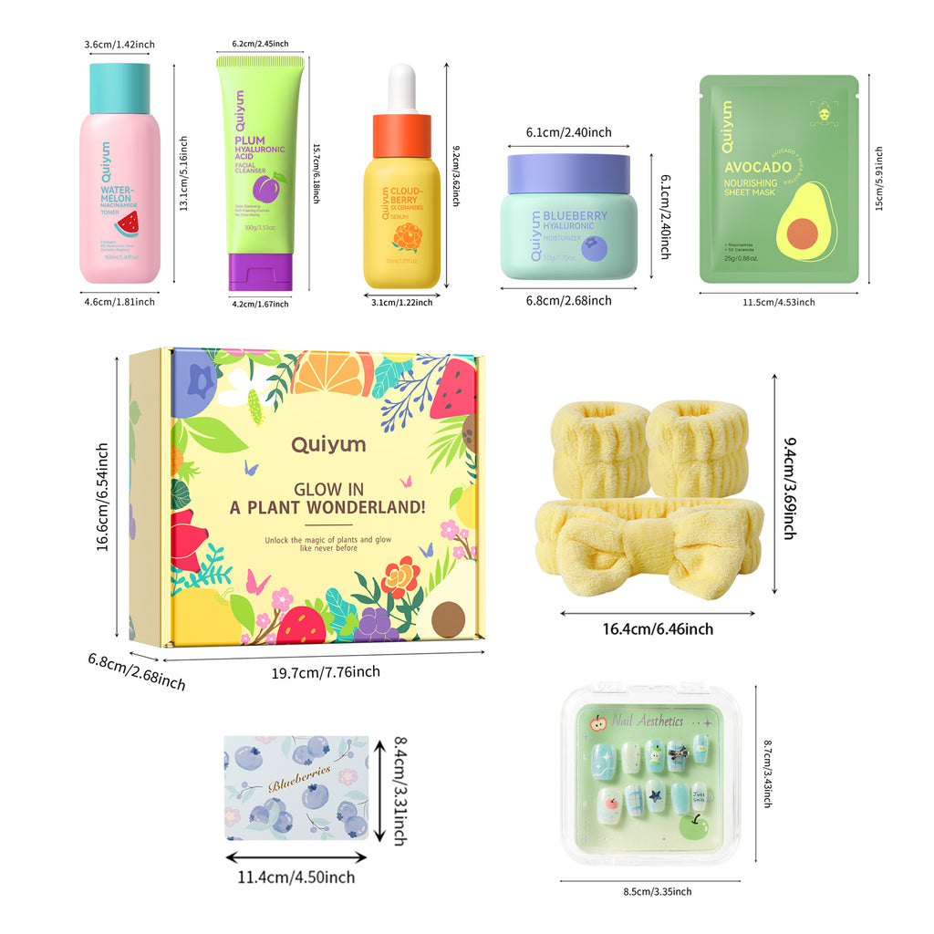 Quiyum Coffret de soins de la peau aux fruits 10 pièces : nettoyant 100 g, lotion tonique 160 ml, sérum 30 ml, crème 50 g, masques aux fruits 25 g × 4, serre-tête avec autocollants pour ongles