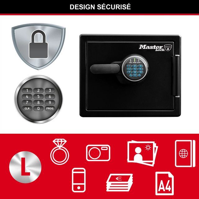 Master Lock Coffre-fort certifié résistant au feu et étanche, 22,8 L, 415 x 348 x 491 mm, combinaison numérique avec clavier rétroéclairé, pour la maison et les professionnels