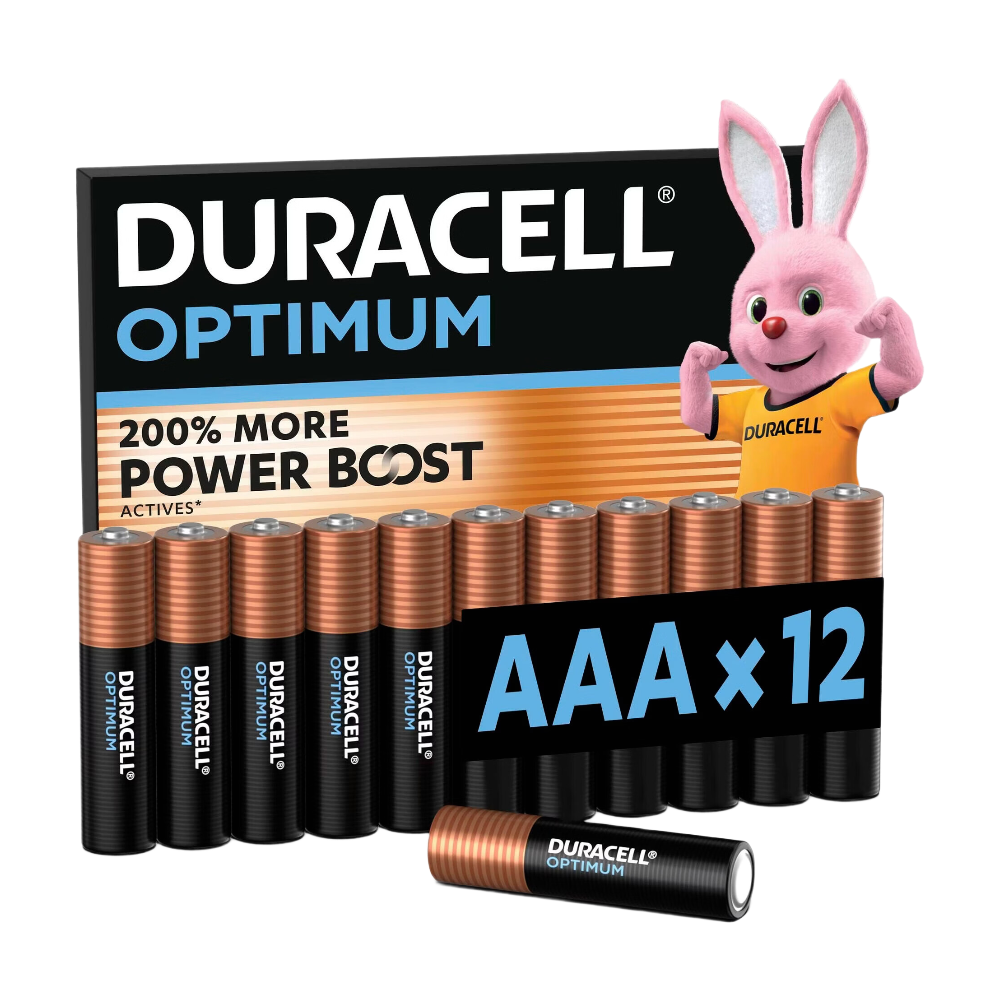 DURACELL Optimum Lot de 12 Piles AAA alcalines 1,5 V, +200 % d’actifs Power Boost, fiables pour les appareils modernes, 100 % recyclables, emballage 0 % de plastique – LR03 MX2400