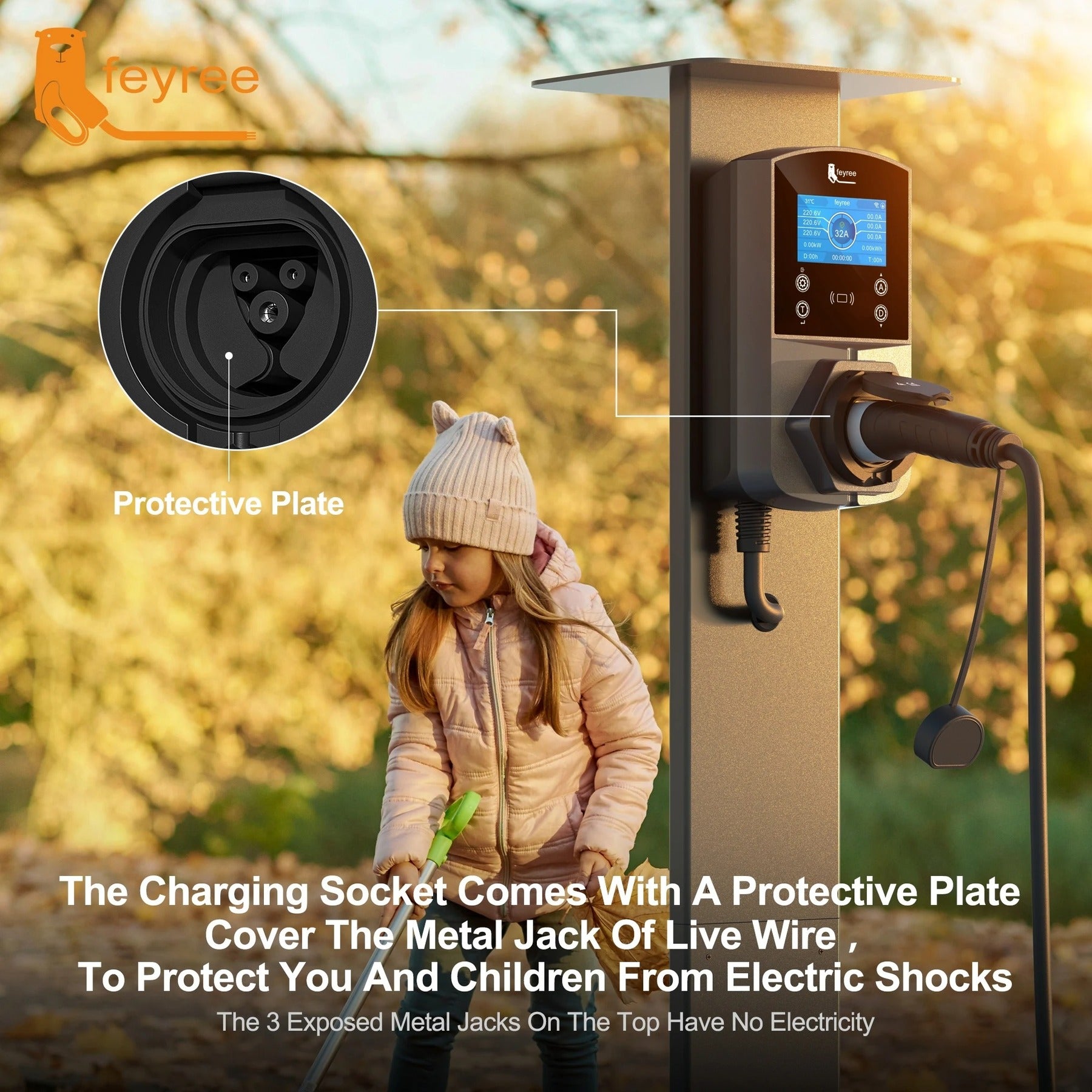 Feyree Borne de recharge murale intelligente Type 2 version prise 22 kW pour véhicule électrique, équipement d'alimentation pour véhicule électrique pour fiches TS-NACS Type 1 GB/T
