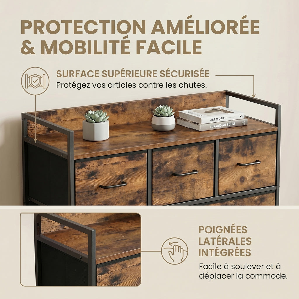 JOYFURNOS Commode à 7 tiroirs en tissu avec poignées –98x28.5x85cm Brun Rustique & Noir Encre, cadre métallique – grande armoire de chambre pour vêtements et linge de maison