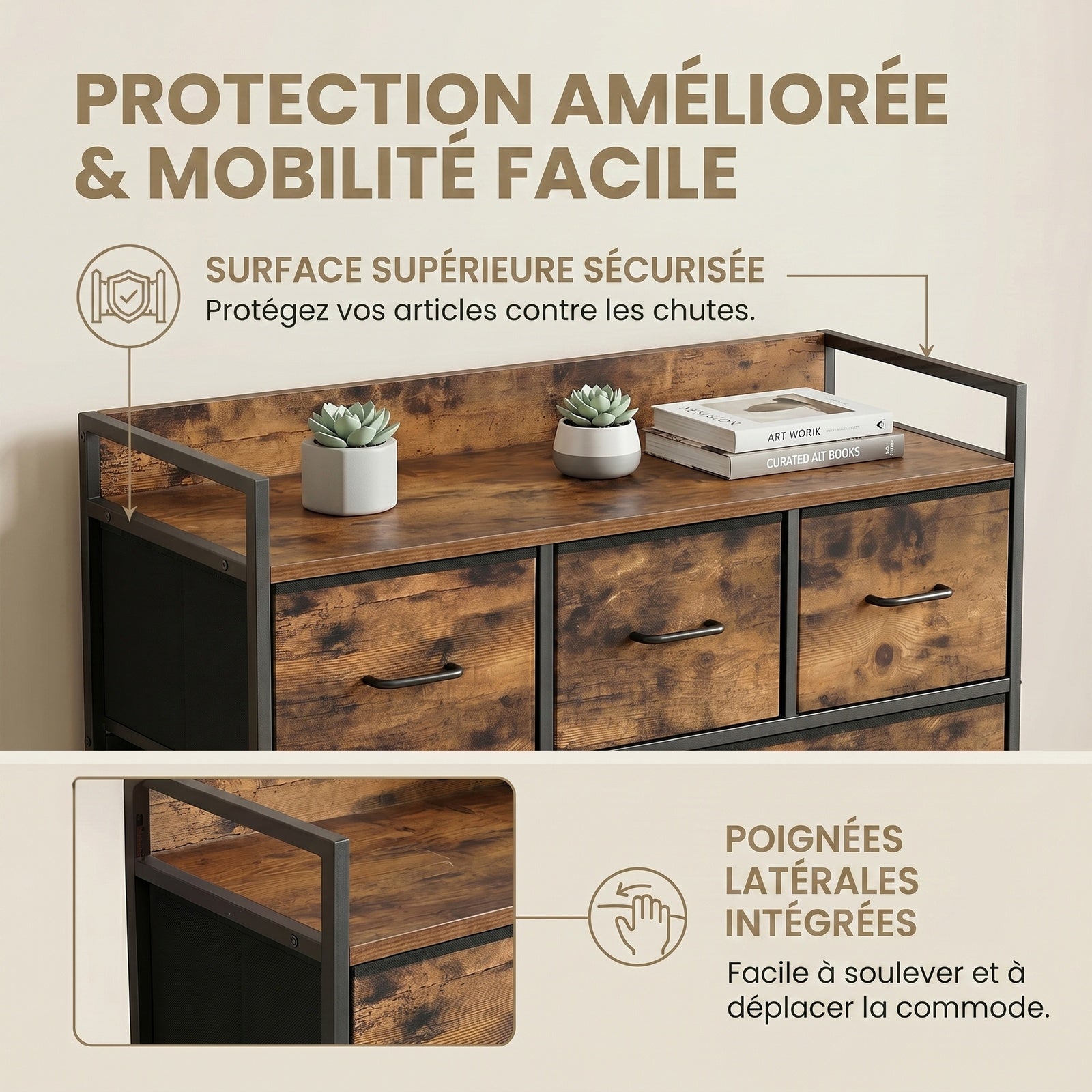 JOYFURNOS Commode à 7 tiroirs en tissu avec poignées –98x28.5x85cm Brun Rustique & Noir Encre, cadre métallique – grande armoire de chambre pour vêtements et linge de maison