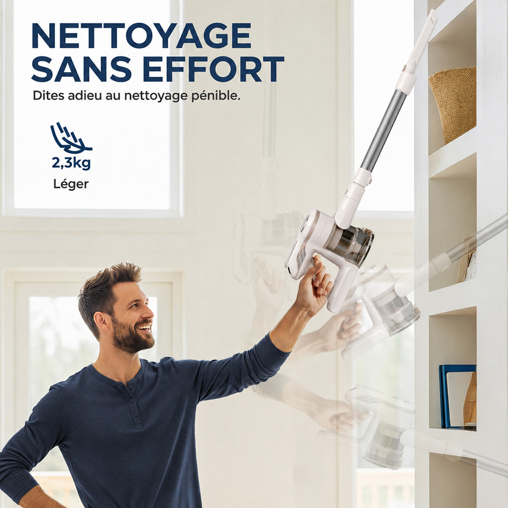 Rouny aspirateur balai sans fil, aspiration puissante 45 kPa, moteur sans balais, affichage LED, contrôle à 2 vitesses, batterie amovible pour le nettoyage de la maison et des poils d'animaux, V14