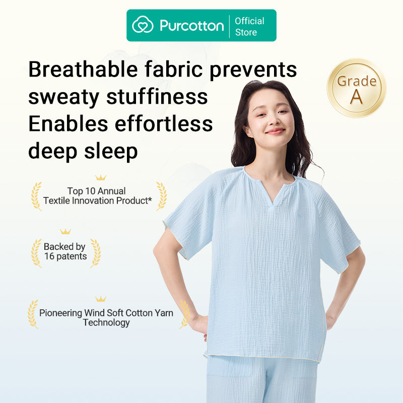 Purcotton Ensemble de loungewear en gaze Airysoft pour femme - Style pantalon long, respectueux de la peau, style reposant et décontracté - Bleu pur - Haut : 165/88A ; Bas : 165/72A