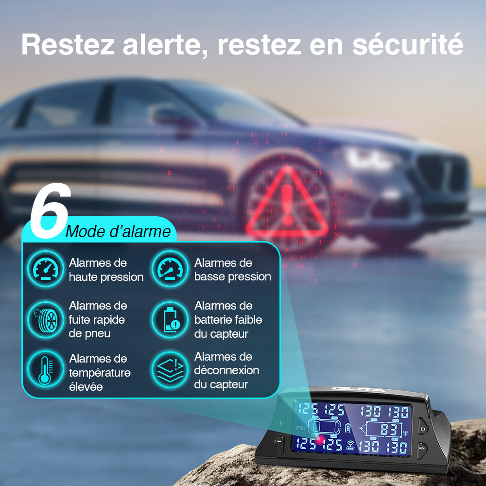 GUTA GT40+4GS02 Système de surveillance de la pression des pneus pour camping-cars/remorques avec 4 capteurs, TPMS de 0 à 188 PSI, chargement solaire, 6 modes d'alarme