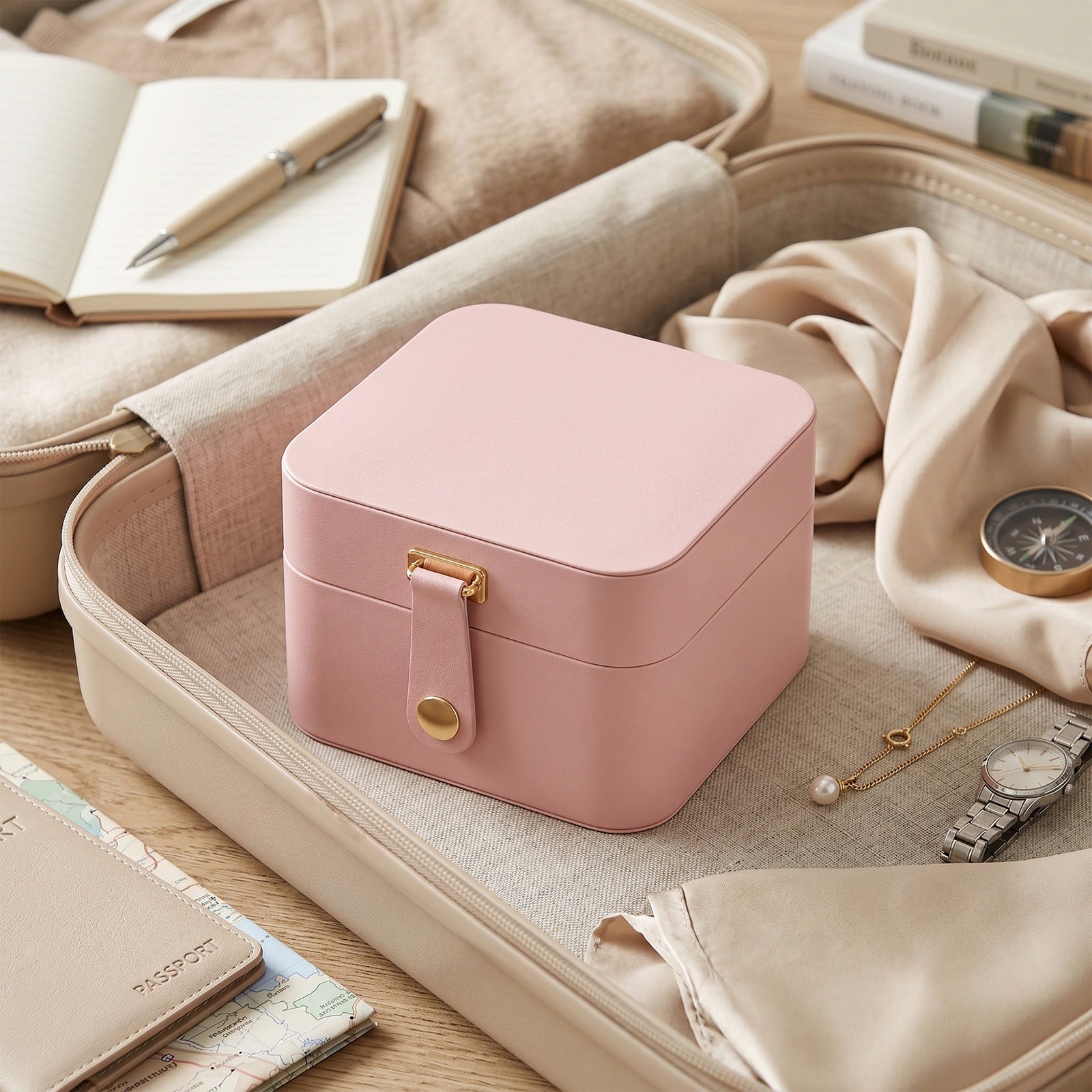 JOYFURNOS Coffret à Bijoux Compact, Rangement Portable à 2 Niveaux, Trousse de Voyage pour Accessoires, Rose