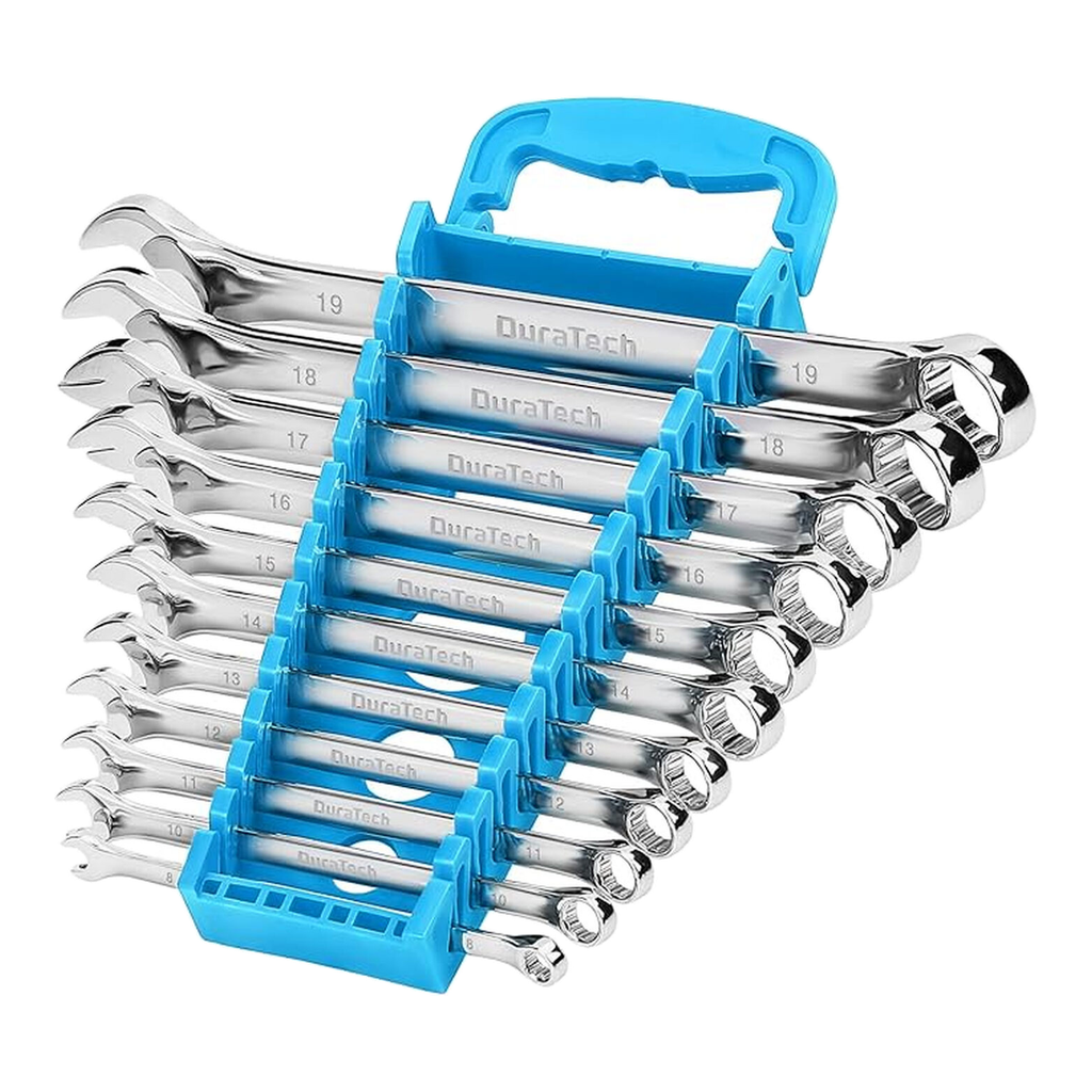 DURATECH Jeu de 11 clés mixtes en acier chrome-vanadium métrique 8-19 mm 12 points avec plateau en plastique