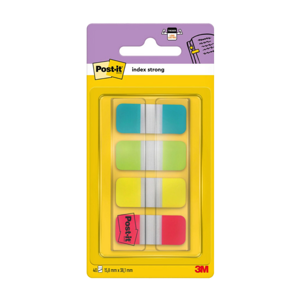 Post-It Onglets d’indexation résistants pour classeur, petit format, bleu, violet, rose et jaune, 15,8 mm x 38,1 mm, 40 onglets/ distributeur, 1 distributeur/boîte