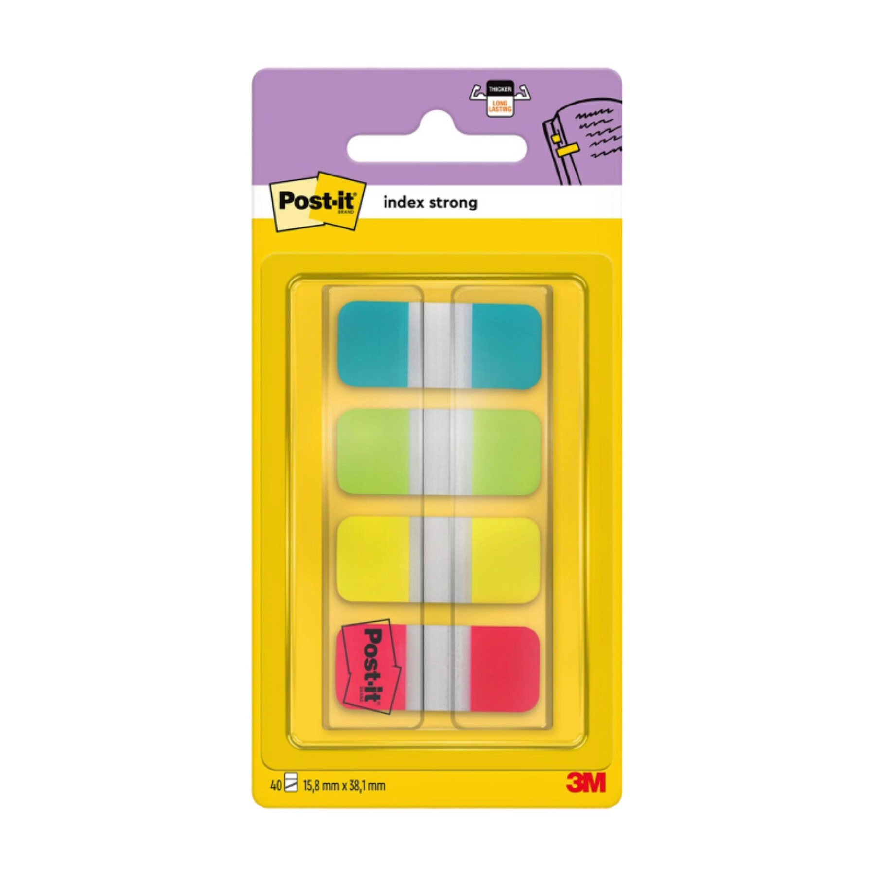 Post-It Onglets d’indexation résistants pour classeur, petit format, bleu, violet, rose et jaune, 15,8 mm x 38,1 mm, 40 onglets/ distributeur, 1 distributeur/boîte