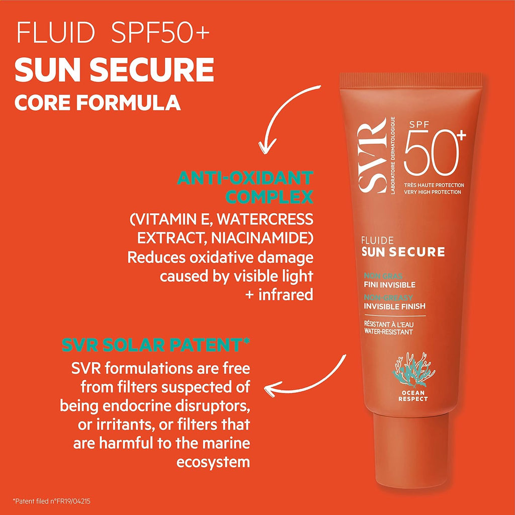 SVR Sun Secure Fluide solaire SPF 50+, haute protection UVA/UVB/IR/lumière visible, sans parfum, niacinamide et vitamine E, 50 ml