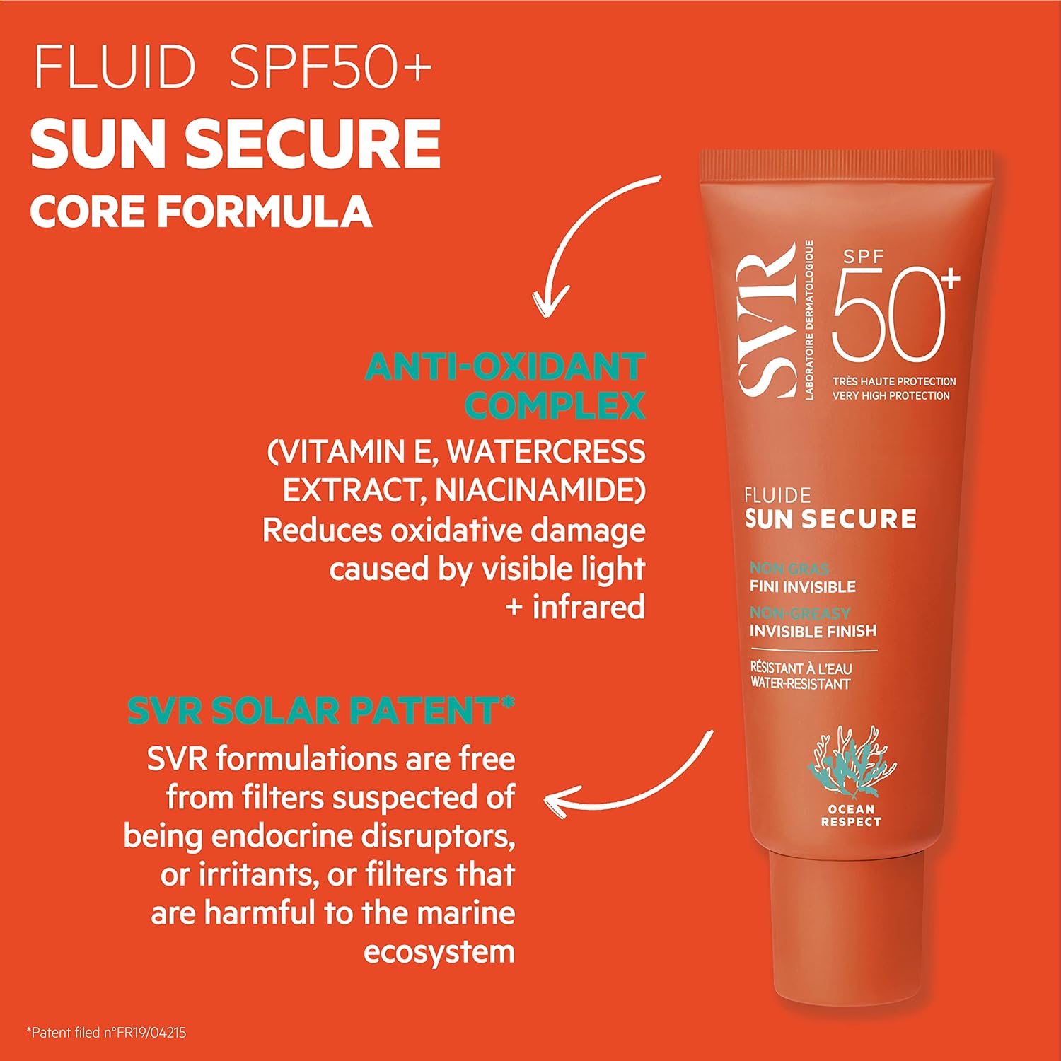 SVR Sun Secure Fluide solaire SPF 50+, haute protection UVA/UVB/IR/lumière visible, sans parfum, niacinamide et vitamine E, 50 ml
