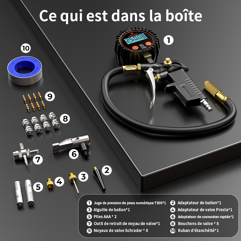 ETENWOLF T500 Manomètre numérique pour pneus avec gonfleur 0-250 PSI, calibré selon ANSI B40.7 grade 2A, embout à air et accessoires pour compresseur avec sac de rangement - Noir