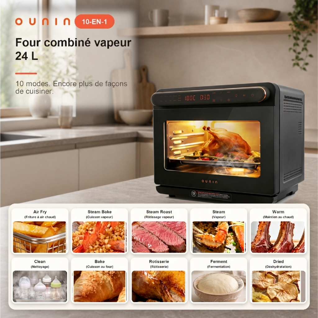 Four combiné vapeur OUNIN 24 L, four de comptoir 10-en-1 avec fonction friteuse à air, cuisson vapeur (pâtisserie et rôtissage), rôtissoire, réservoir d'eau de 1 L et intérieur en acier inoxydable 304