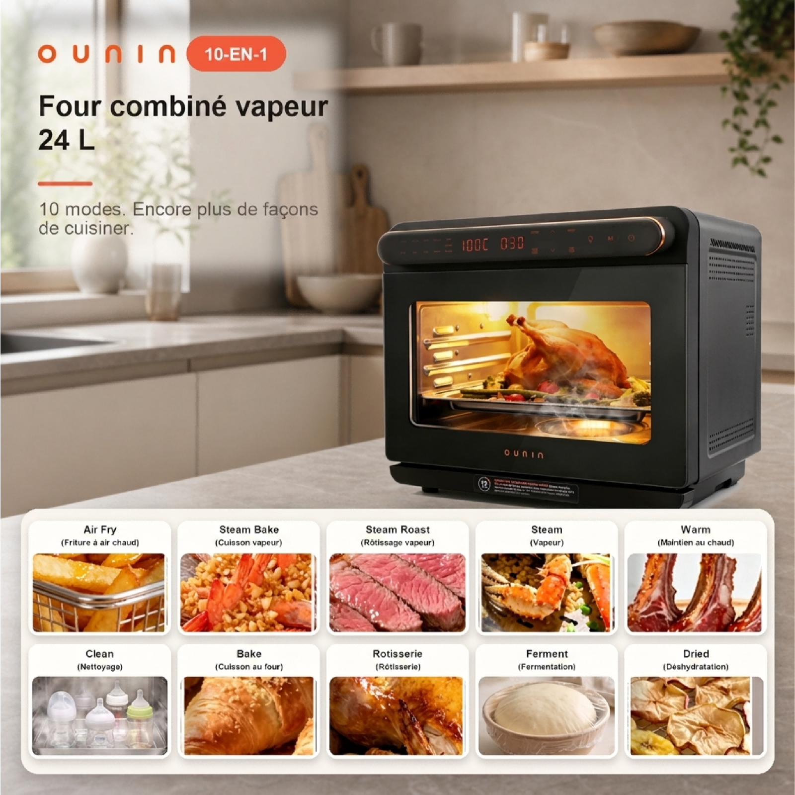Four combiné vapeur OUNIN 24 L, four de comptoir 10-en-1 avec fonction friteuse à air, cuisson vapeur (pâtisserie et rôtissage), rôtissoire, réservoir d'eau de 1 L et intérieur en acier inoxydable 304