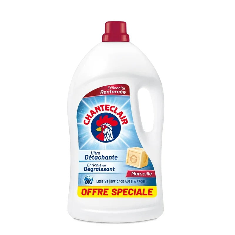 CHANTECLAIR Lessive liquide ultra détachante dégraissante au savon de Marseille 80 lavages 3,6 L