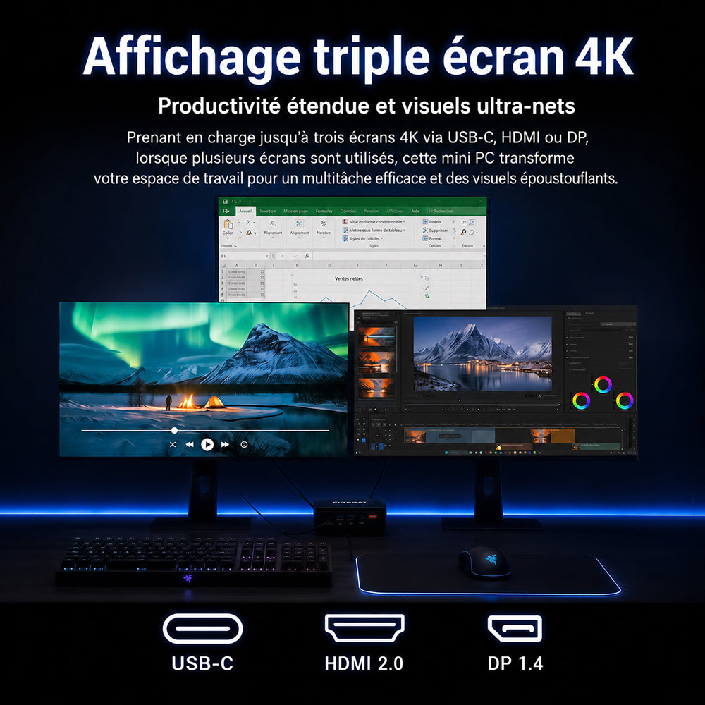 FIREBAT R3 Mini PC : AMD Ryzen 5 7430U (6 cœurs/12 threads), 16 GB RAM LPDDR4, 512 GB SSD, prend en charge l'affichage triple écran 4K, Wi-Fi 6, Bluetooth 5.2