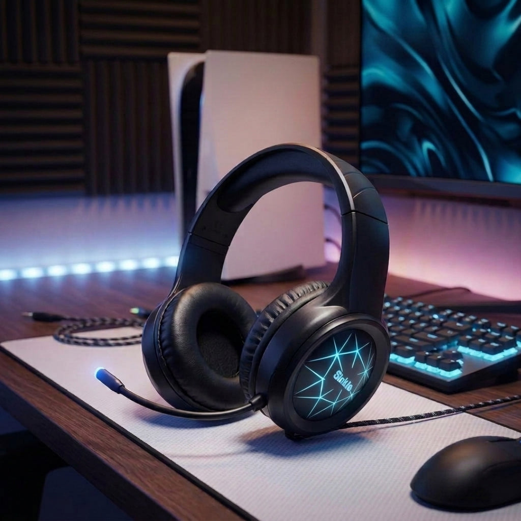 Siukie CH25 Casque de jeu avec micro antibruit, casque circum-auriculaire filaire à transducteurs 50 mm avec USB et jack 3,5 mm, rétroéclairage LED Bleu, son stéréo enveloppant