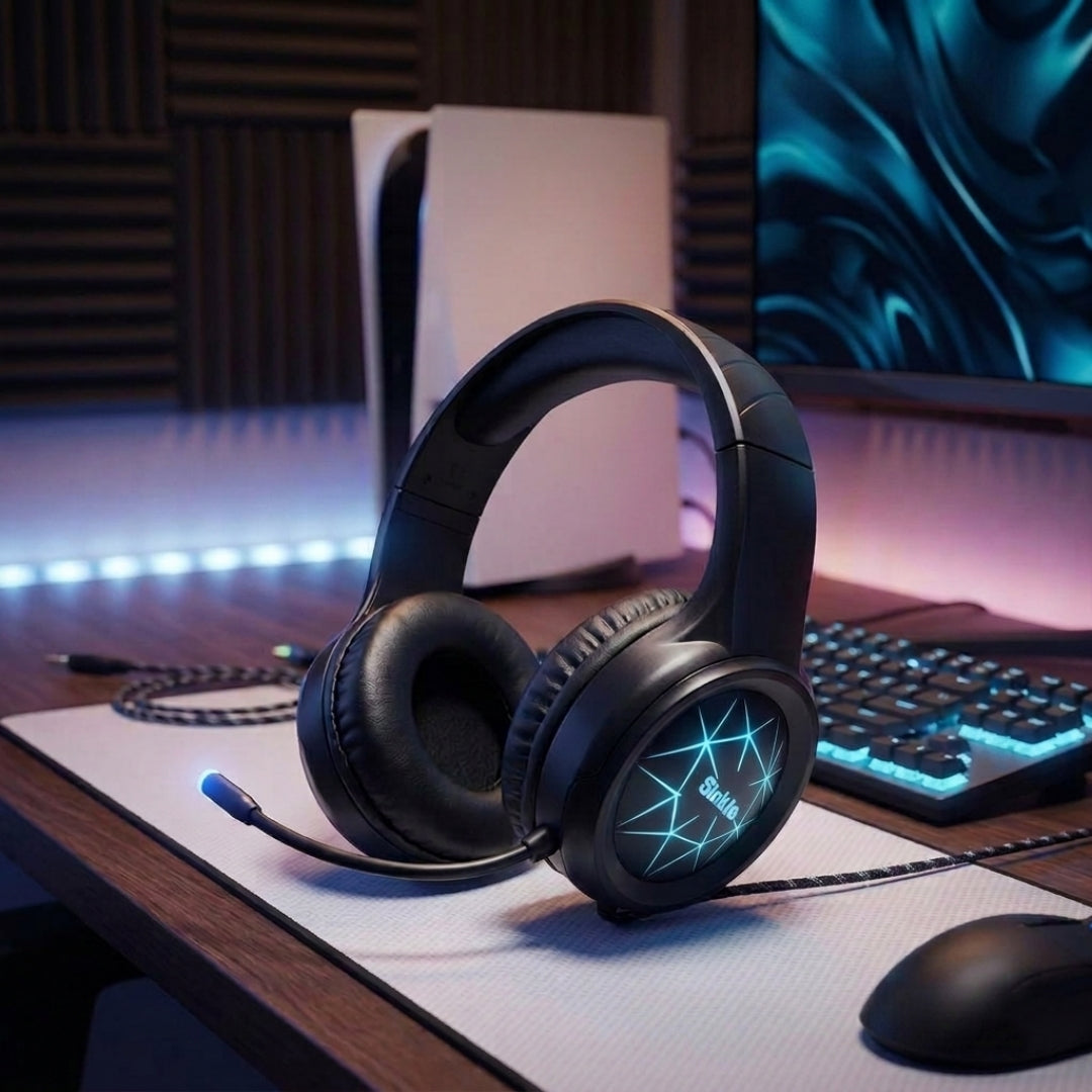 Siukie CH25 Casque de jeu avec micro antibruit, casque circum-auriculaire filaire à transducteurs 50 mm avec USB et jack 3,5 mm, rétroéclairage LED Bleu, son stéréo enveloppant