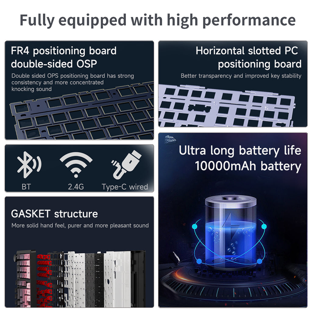 AJAZZ AK980 V2 clavier mécanique sans fil, disposition QWERTY 98 % interchangeable à chaud pour jeu, batterie 10000 mAh, filaire/Bluetooth/2,4G, éclairage RVB