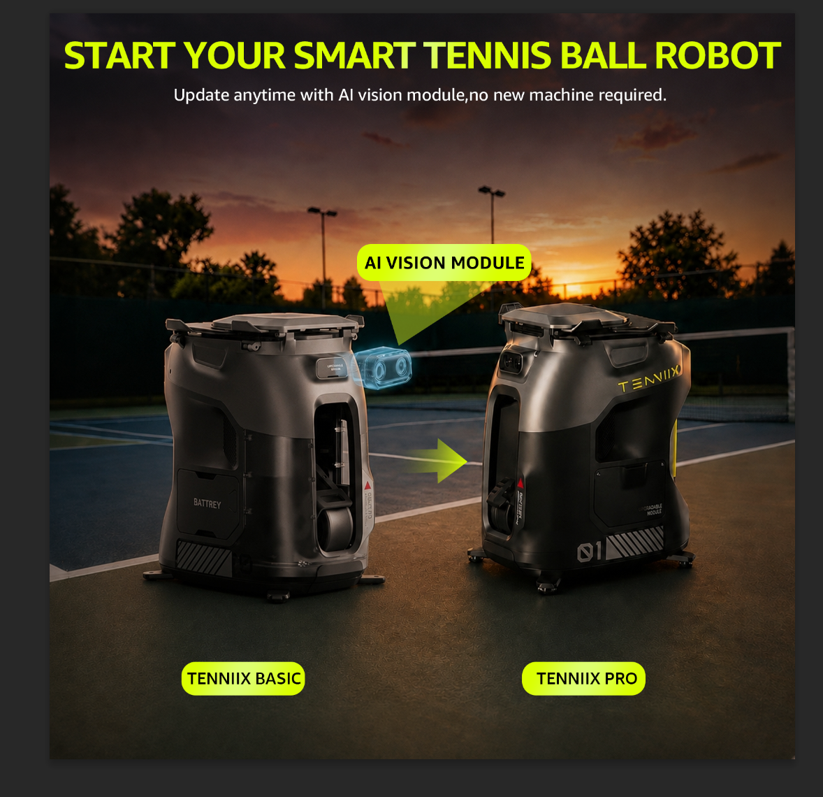 TENNIIX Robot de tennis IA basique, Noir de jais, 100+ modes de service, Contrôle vocal et par application, Écran LED, Moteur QDD, Plus de 1000 modes d'entraînement personnalisés