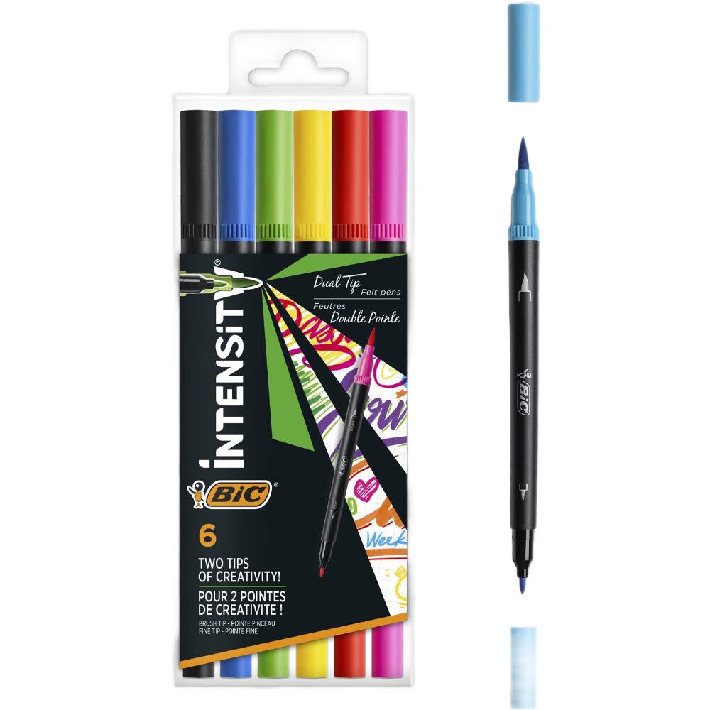 BIC Intensity Dual Tip Boîte de 6 feutres d’écriture pointe fine + pinceau