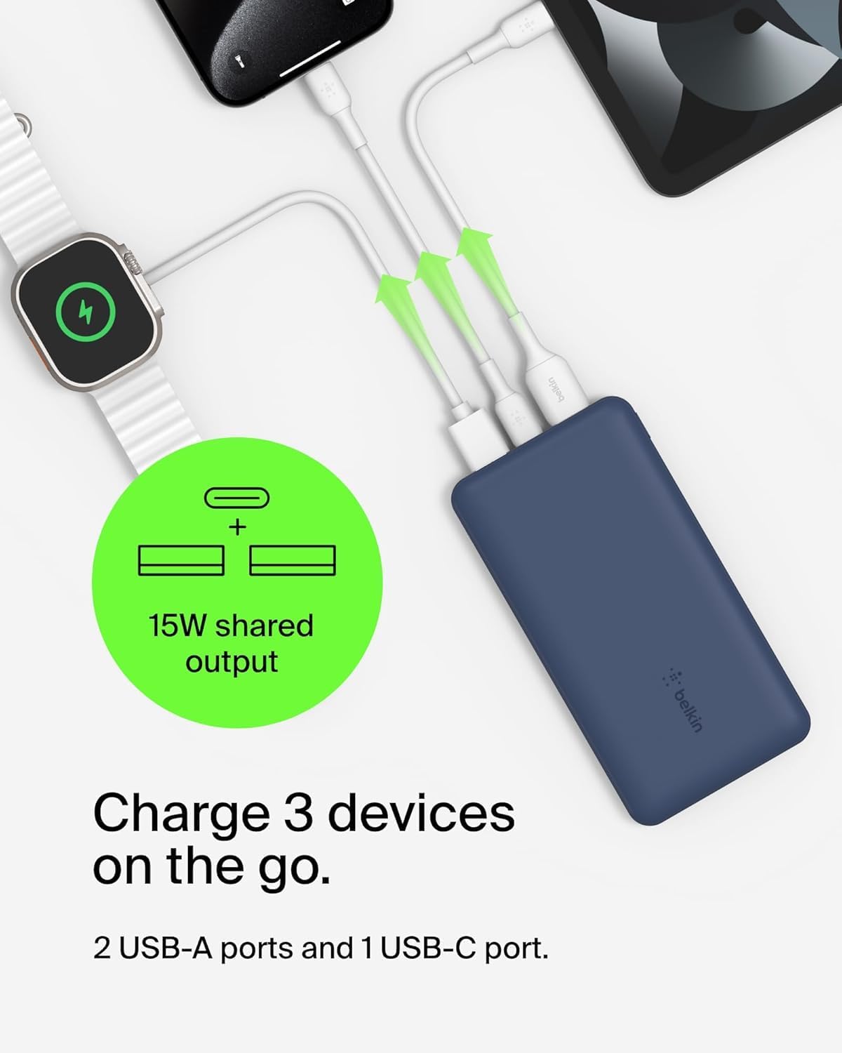 Belkin Batterie Externe BOOST CHARGE™ 10 000 mAh avec USB-C 15W, Double Port USB-A, Câble USB-A vers USB-C 15 cm, Bleu