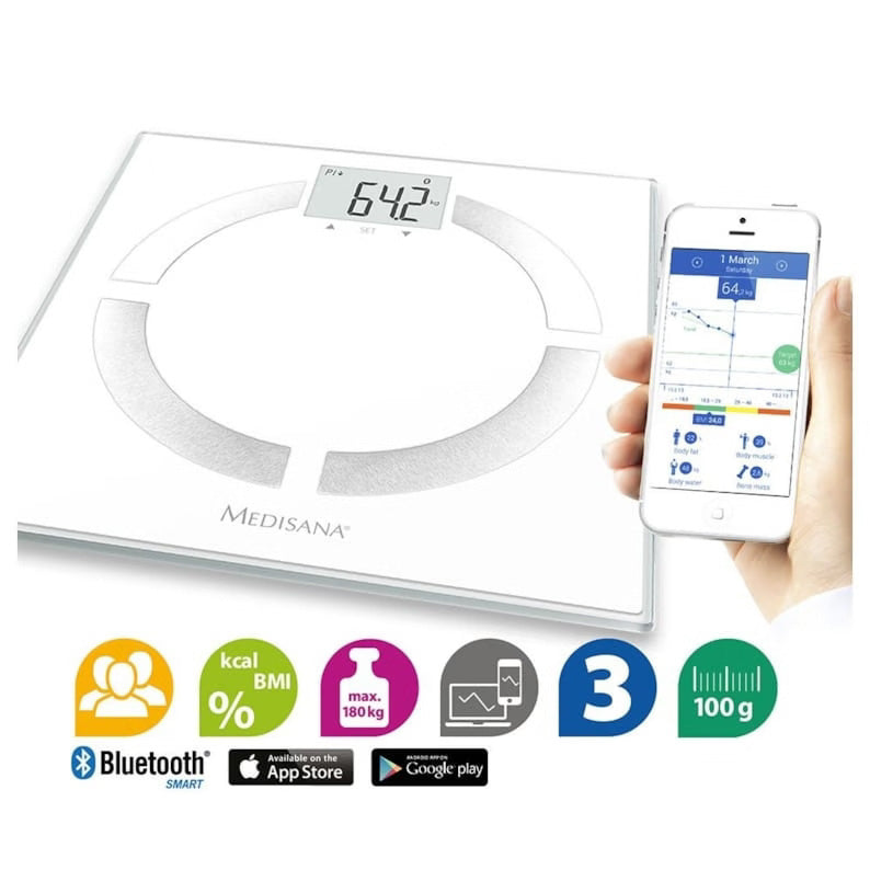 Medisana BS 444 Balance Connectée Impédancemètre jusqu'à 180 kg, Bluetooth, BMI/Muscle/Graisse Corporelle/Masse Osseuse avec l'application Vitadock+, Blanc