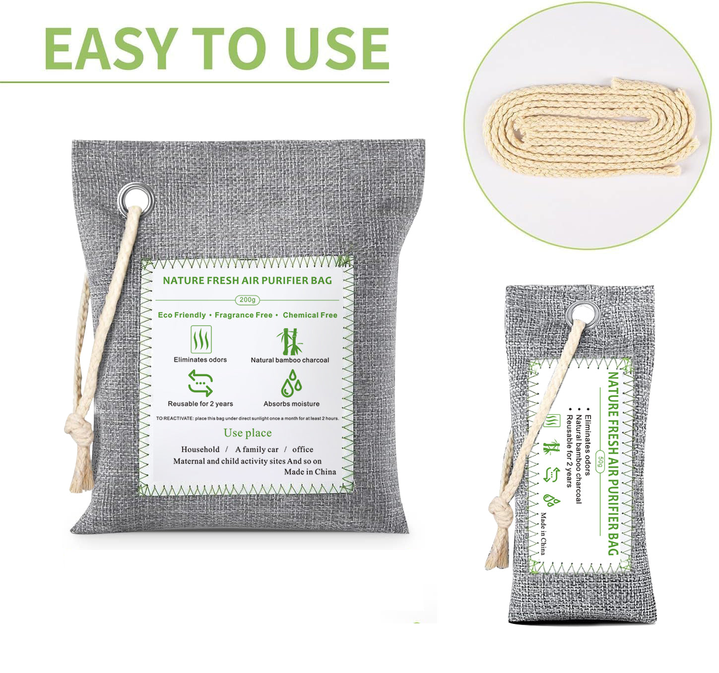 Zooly 6 x 50 g sacs de purification de l'air en bambou, sacs en charbon actif, absorbeur d'odeurs, absorbeur d'humidité, désodorisant d'auto naturel, désodorisant pour chaussures, éliminateurs d'odeurs pour la maison, pour animaux, pour placard