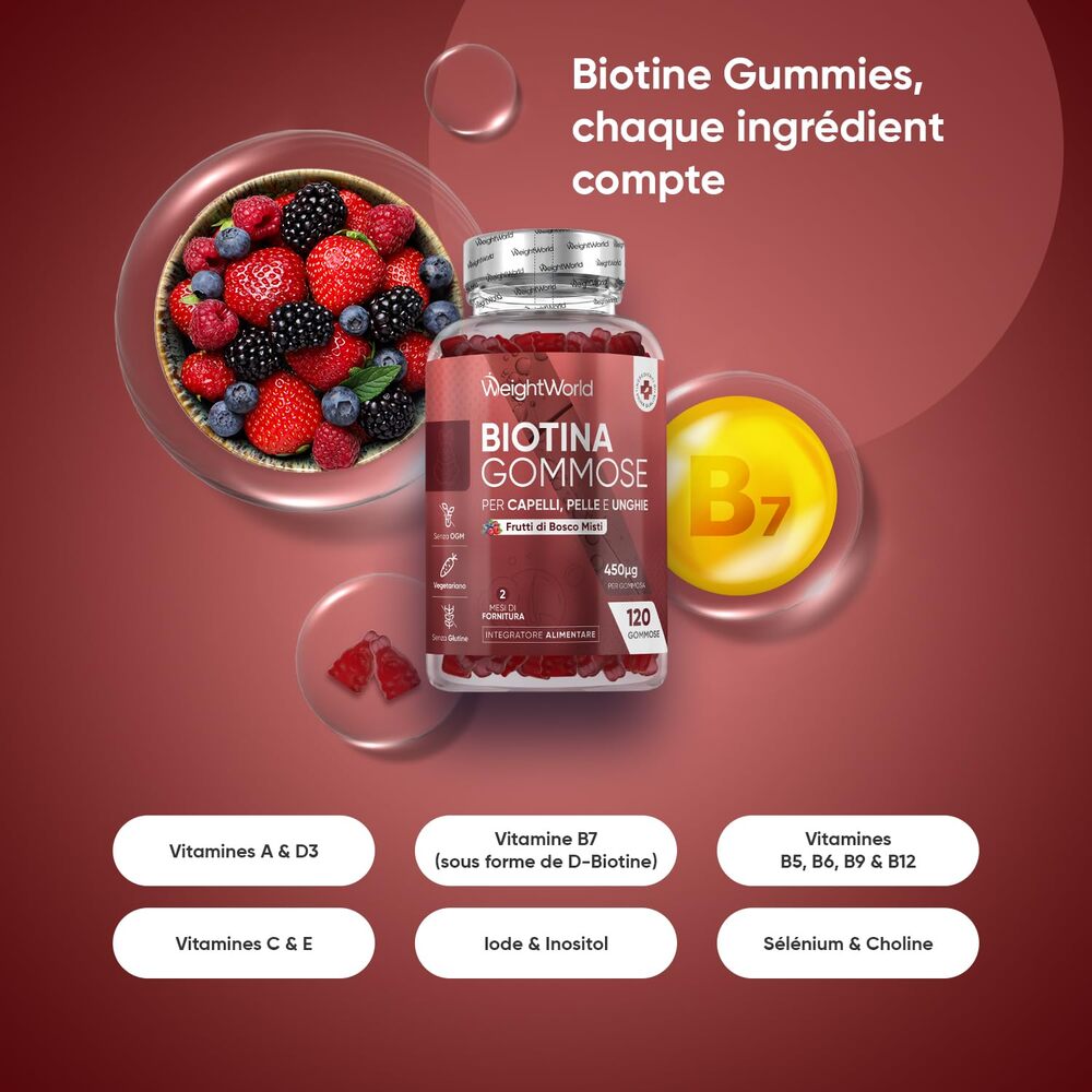 WeightWorld Gommes à la biotine pour cheveux, peau et ongles 450 µg 120 gommes