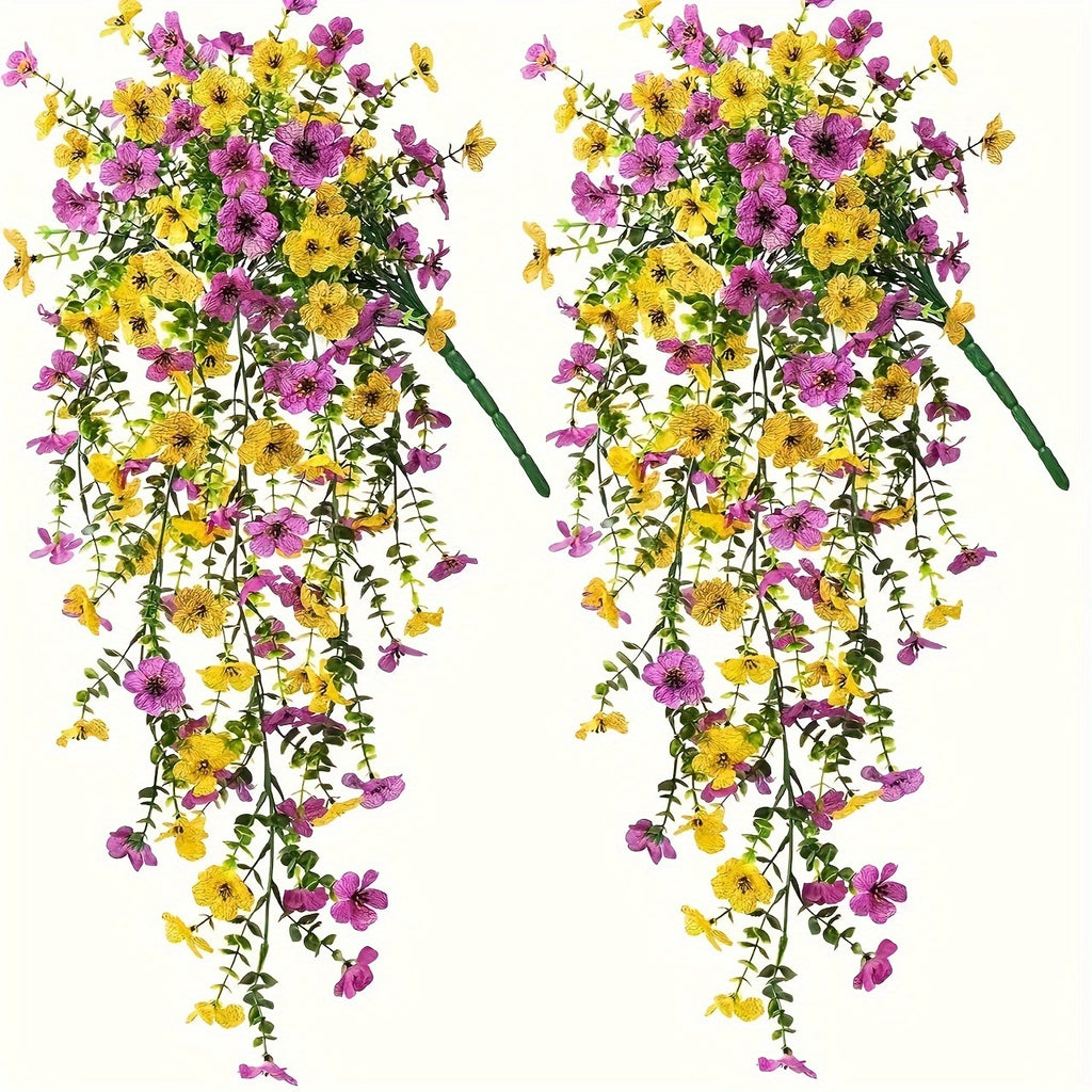 Yuejia 4 pièces 29,5 po/75 cm Fleurs et plantes artificielles suspendues pour décoration extérieure, Faux chrysanthèmes et violettes avec eucalyptus