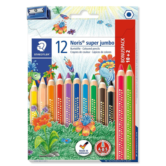 STAEDTLER Crayons de couleur Noris Super Jumbo - 12 couleurs vives - 1 taille-crayon