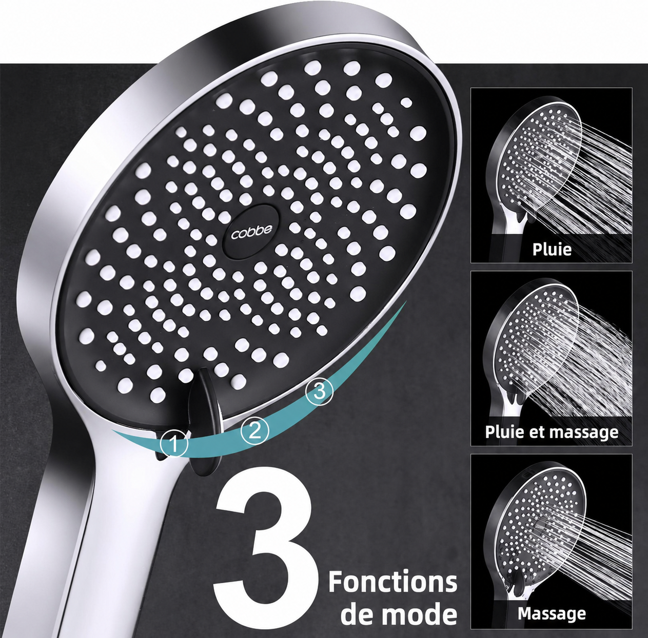 Pommeau de douche rafraîchissant d'été Cobbe avec flexible, grand modèle effet pluie à pression renforcée, 3 modes de jet, économie d'eau, finition noir/chrome