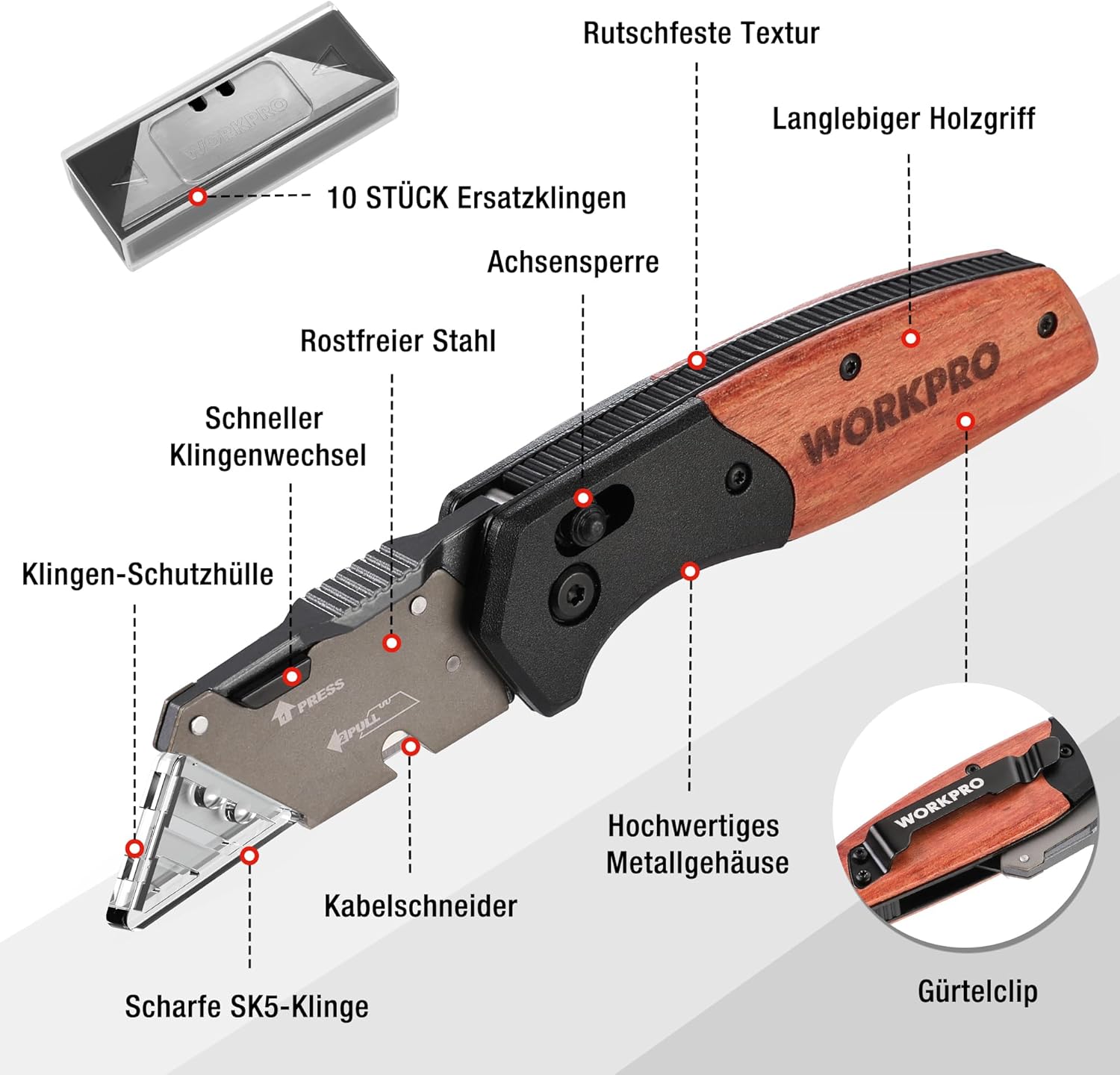 WORKPRO Cutter utilitaire multifonction pliant avec manche en bois, verrou coulissant et clip de ceinture, comprend 10 lames de rechange SK5