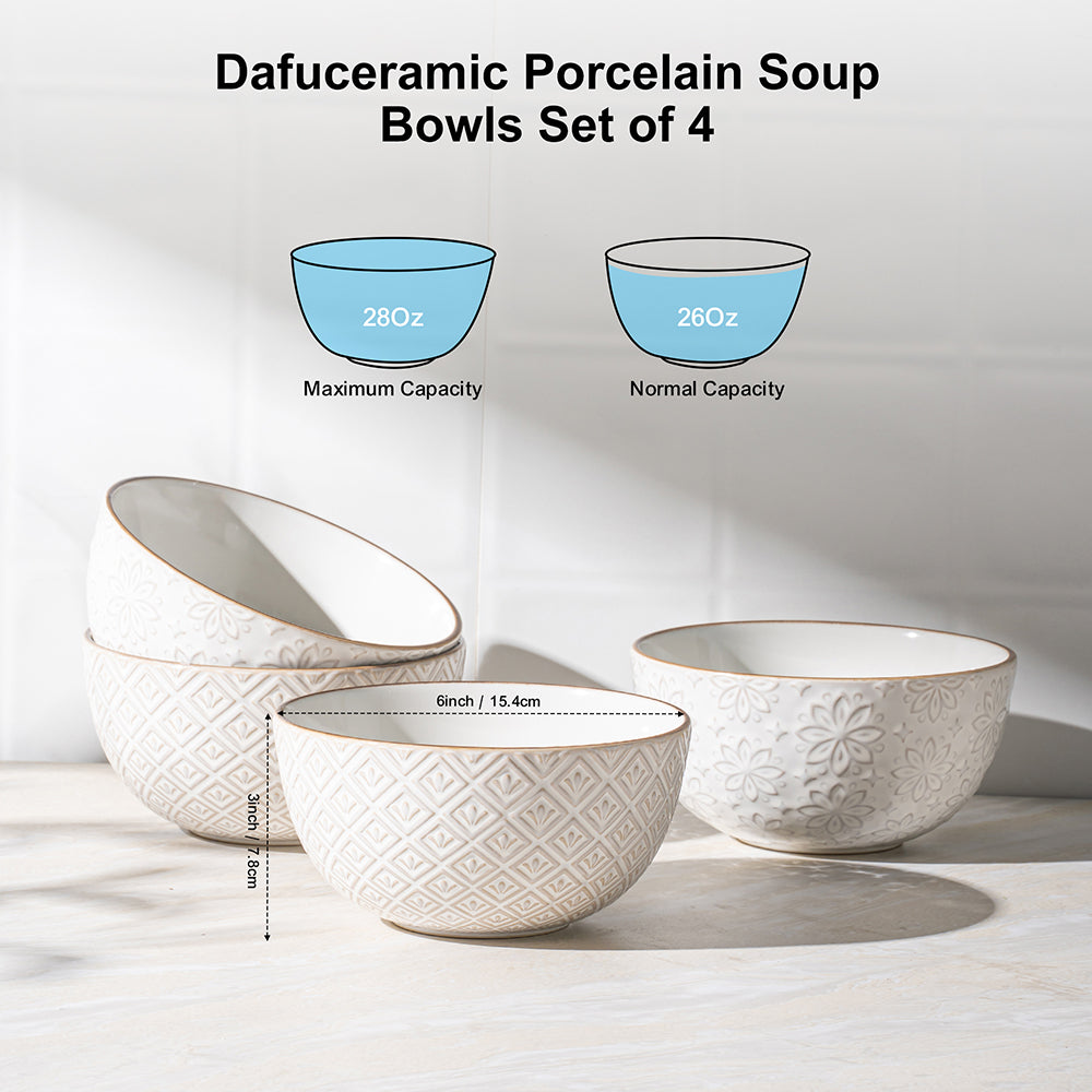 DAFUCERAMIC Assiettes à céréales 29 oz (6 pouces), bol à soupe en stoneware à motif, pour pho, chips, fruits, salade et nouilles (ramen), lot de 4, blanc arctique