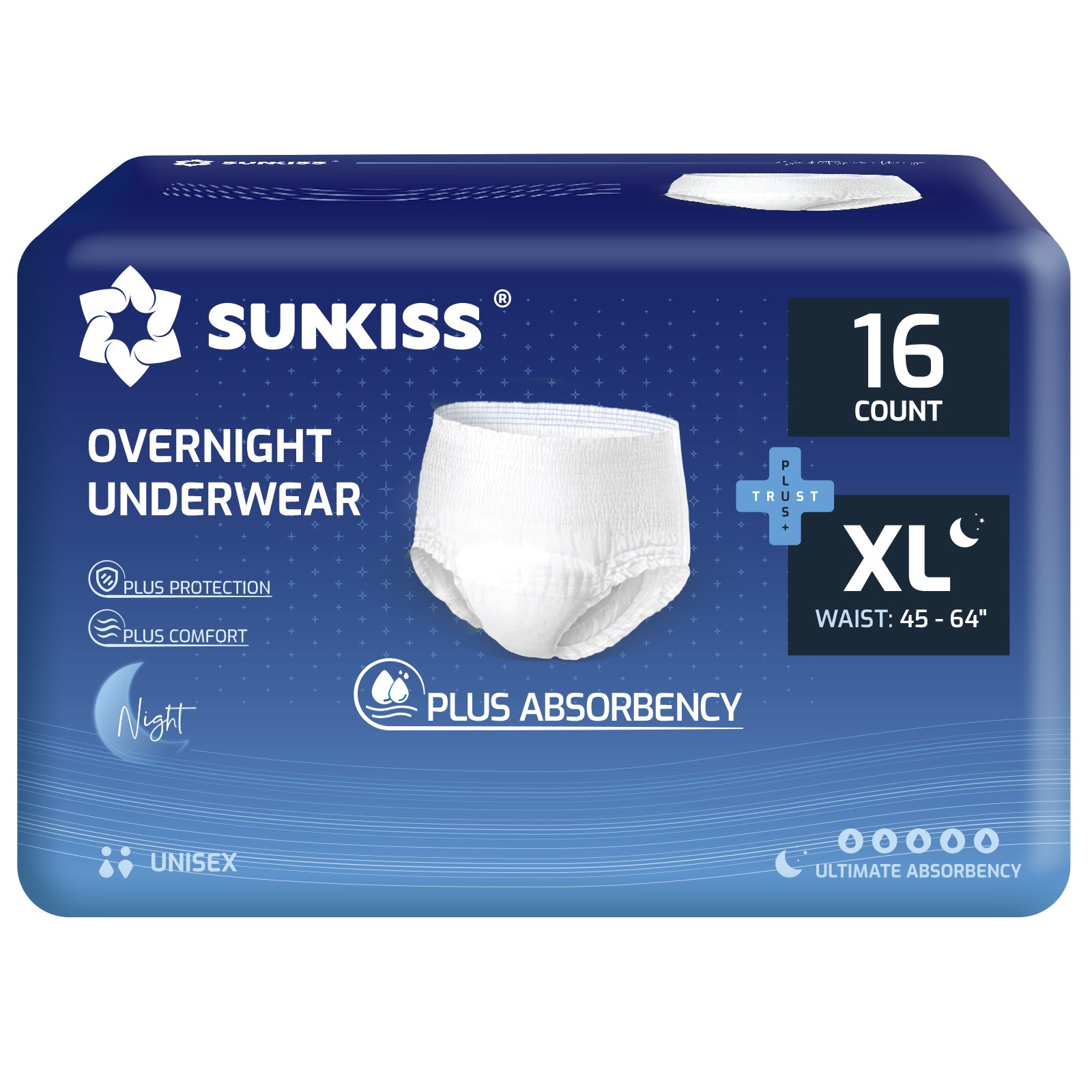 SUNKISS TrustPlus Sous-vêtements jetables pour incontinence pour hommes et femmes, culottes absorbantes adultes, absorption élevée, protection antifuites, contrôle des odeurs, Très grande taille nuit, 16 unités
