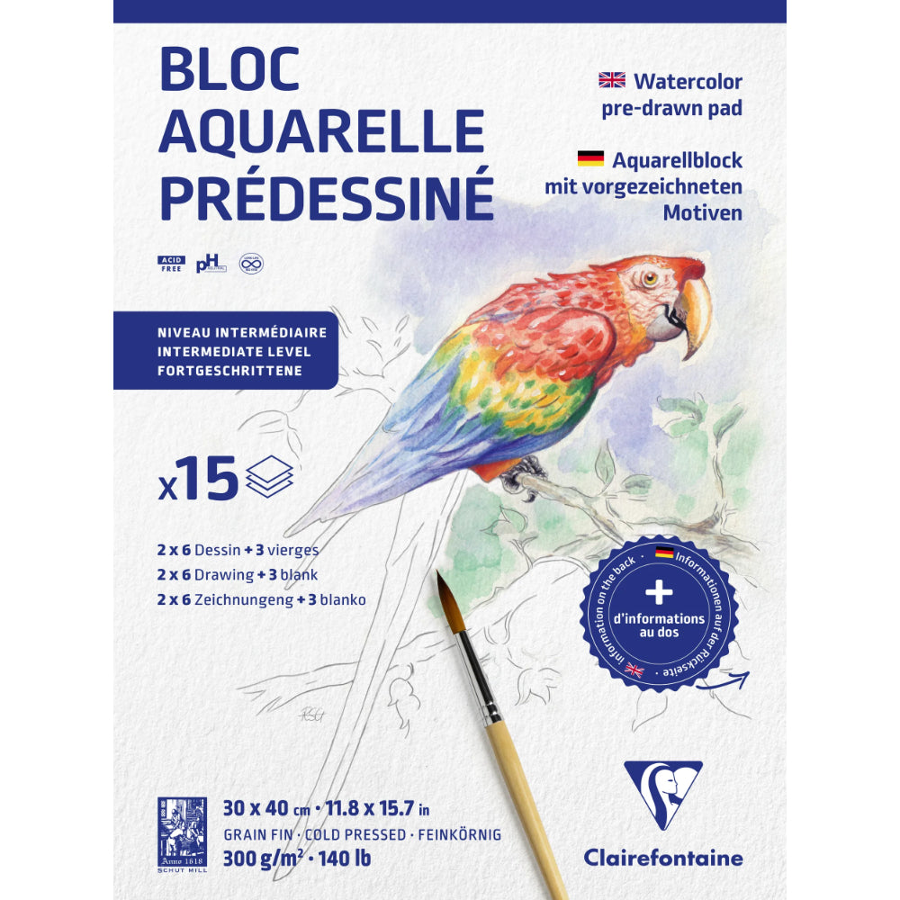CLAIREFONTAINE Bloc collé Aquarelle Prédessiné "Animaux" 30x40cm 15F 300g