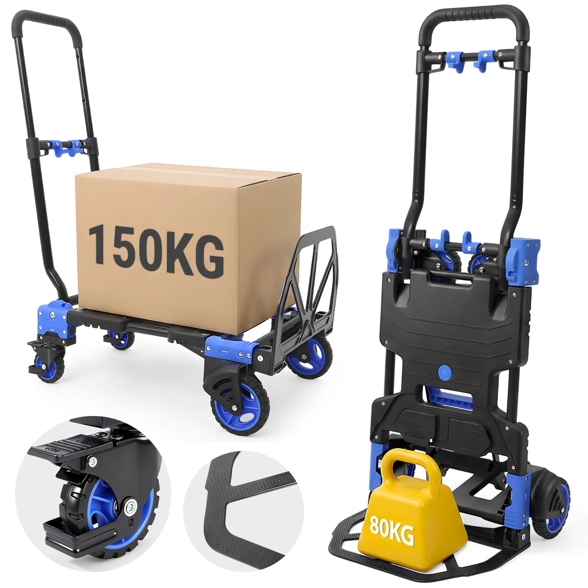Sekey Diable pliable 2-en-1, Chariot de transport pliable en aluminium, Diable pliable et chariot plateforme, Charge maximale 150 kg