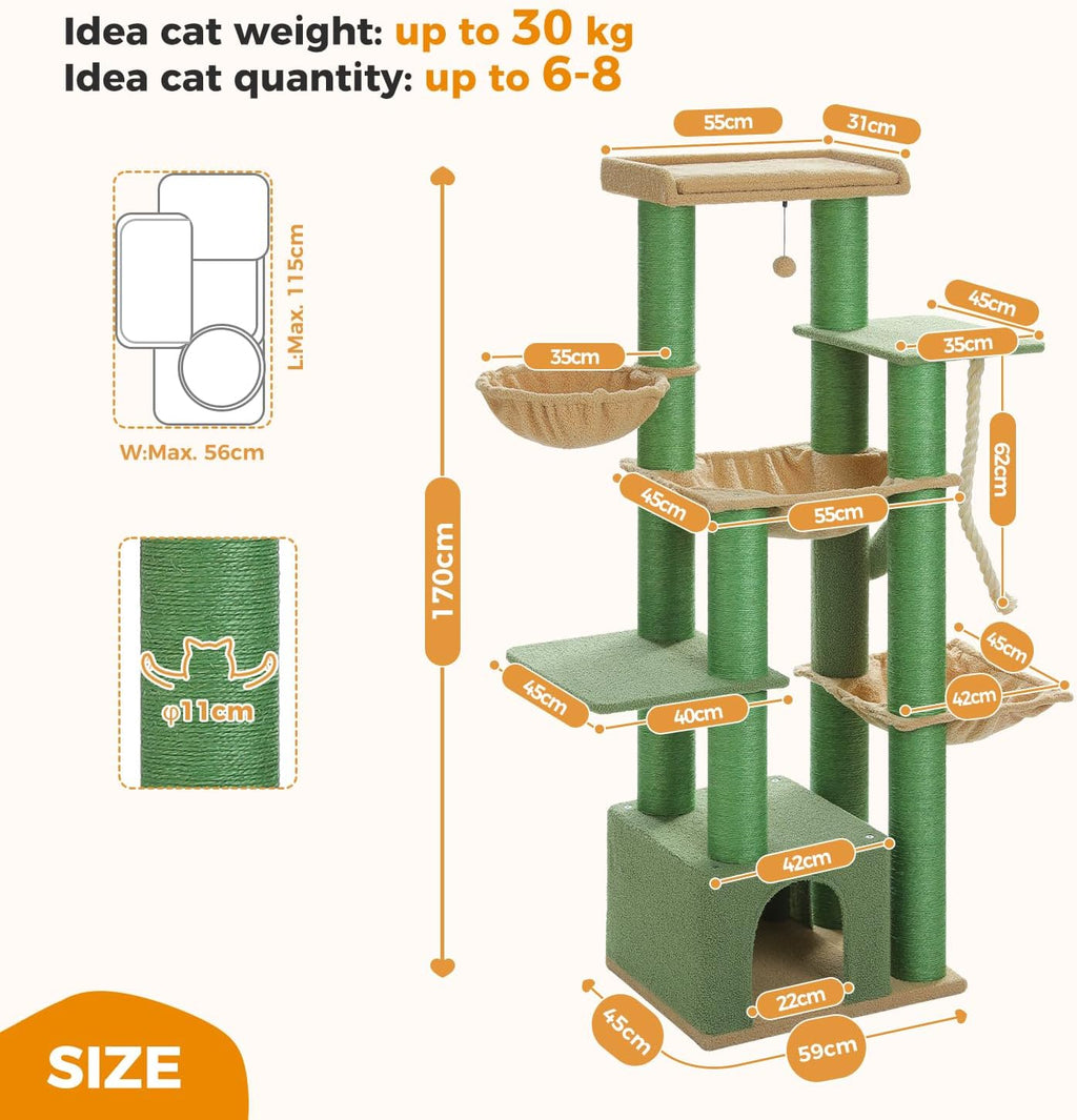 PAWZ Road Grand arbre à chat stable à plusieurs niveaux, Arbre à chat XXL avec hamac 170 cm, 13 poteaux en sisal diamètre 11 cm, Grande plateforme, Niche, Corbeilles, Vert