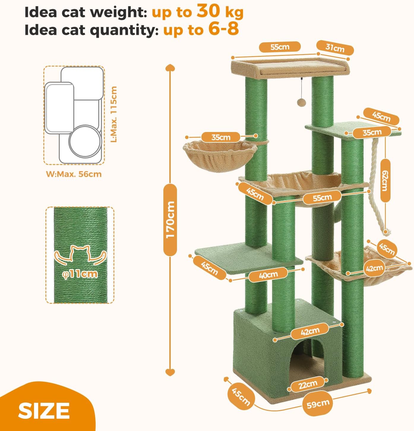 PAWZ Road Grand arbre à chat stable à plusieurs niveaux, Arbre à chat XXL avec hamac 170 cm, 13 poteaux en sisal diamètre 11 cm, Grande plateforme, Niche, Corbeilles, Vert
