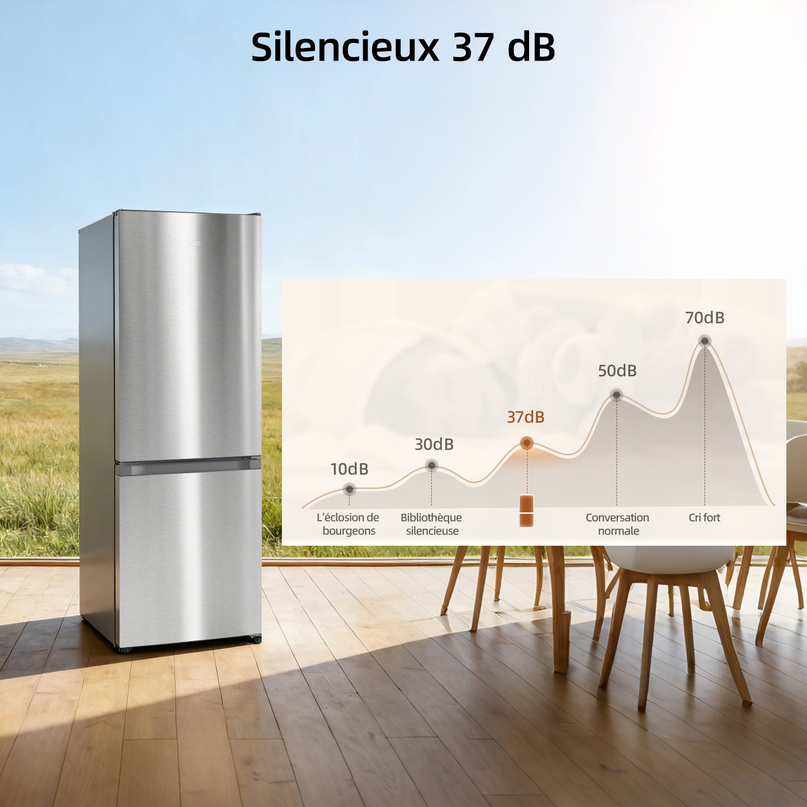 CHiQ JR318WSD Réfrigérateur-congélateur combiné 322 L, Froid ventilé, Multi-flux d'air, Congélation 4 étoiles, Compresseur à inverseur 37 dB, Réfrigérateur 226 L et congélateur 96 L